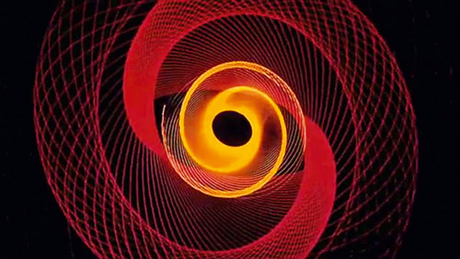 A frame from Saul Bass’s opening titles for Hitchcock’s Vertigo, 1958. John Whitney Sr’s slit-scan animations were created by a home-made analogue computer, anticipating digital algorithms.